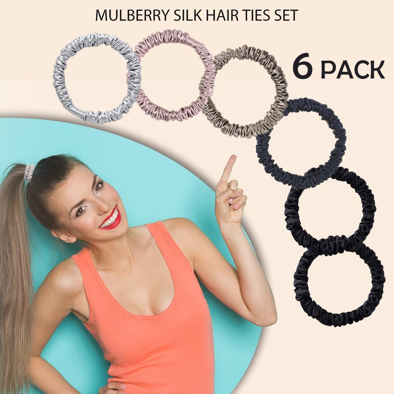 SEMRUE Mulberry Silk Scrunchies for Hair Sleep, Small Hair Ties for Women - 6 Pack (Black*2, Navy*1, Lotus Pink*1, Silver Gray*1, Apricot*1) - Image 3